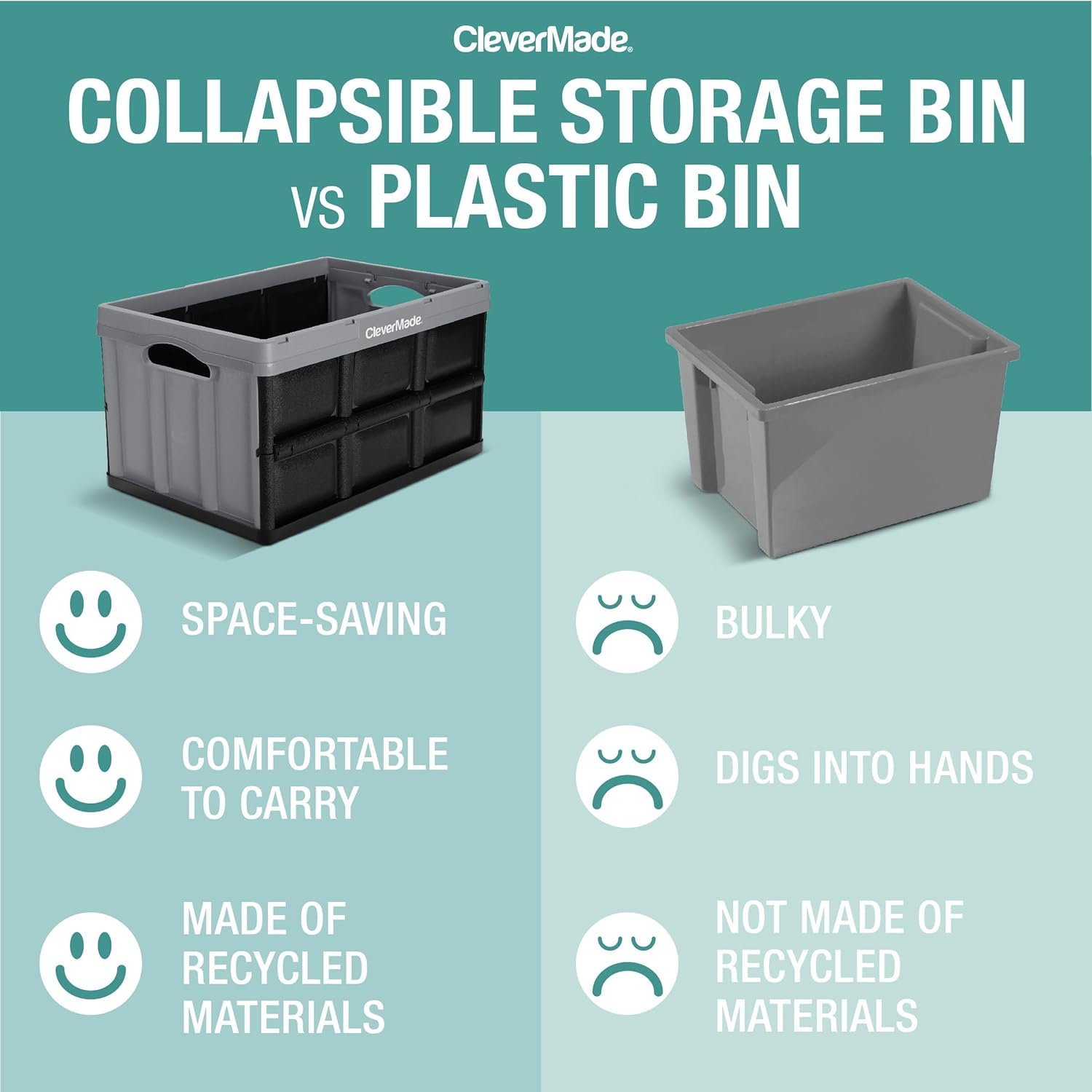 Clevermade Collapsible Storage Bin, Obsidian, 3Pk - 32L (8 Gal) Stackable Storage Containers, Holds 66Lbs Per Bin - Plastic Stor